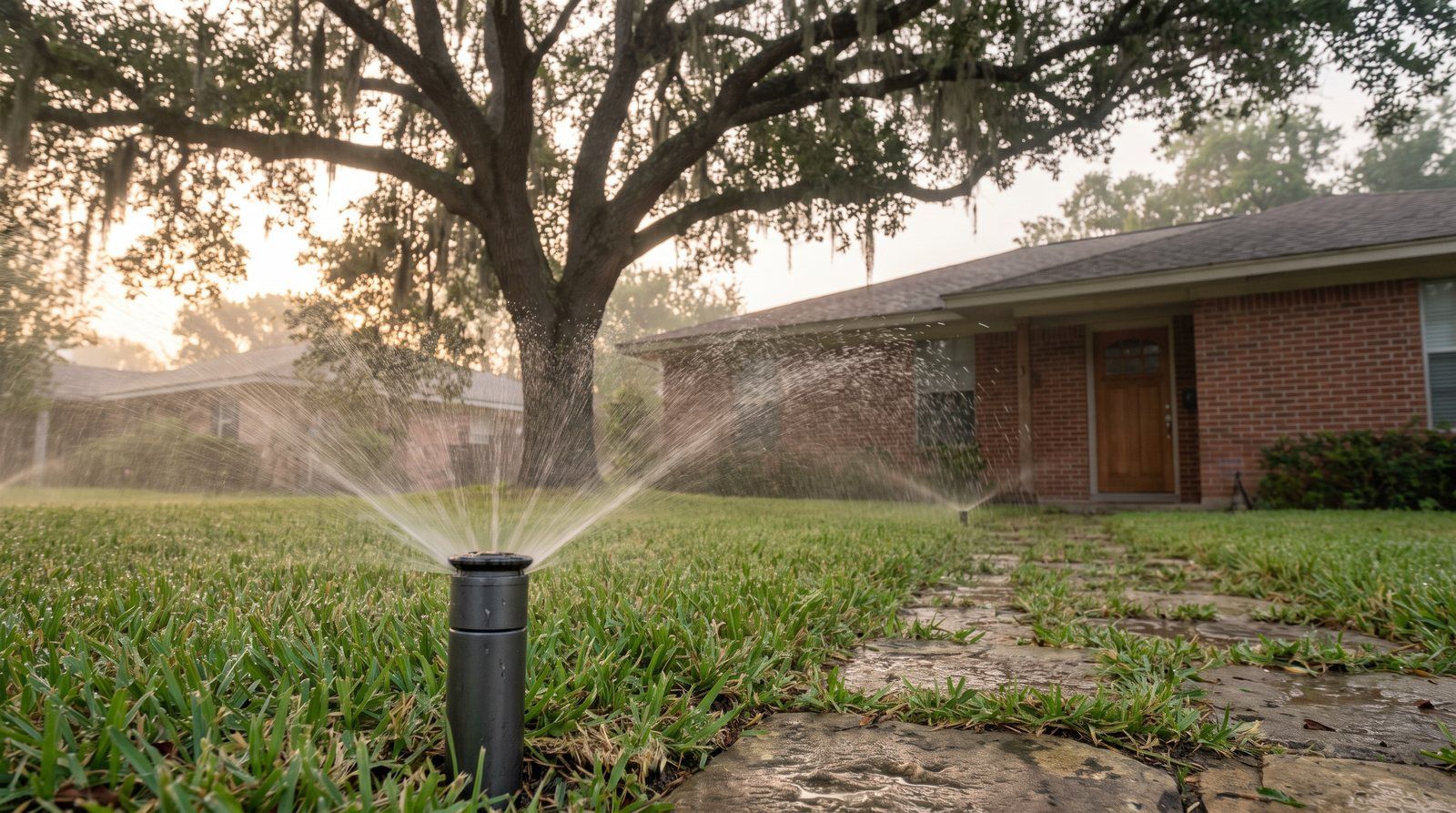 An in-ground pop-up sprinkler watering a St. Augustine front lawn at dawn in soft early light, brick ranch house in the background